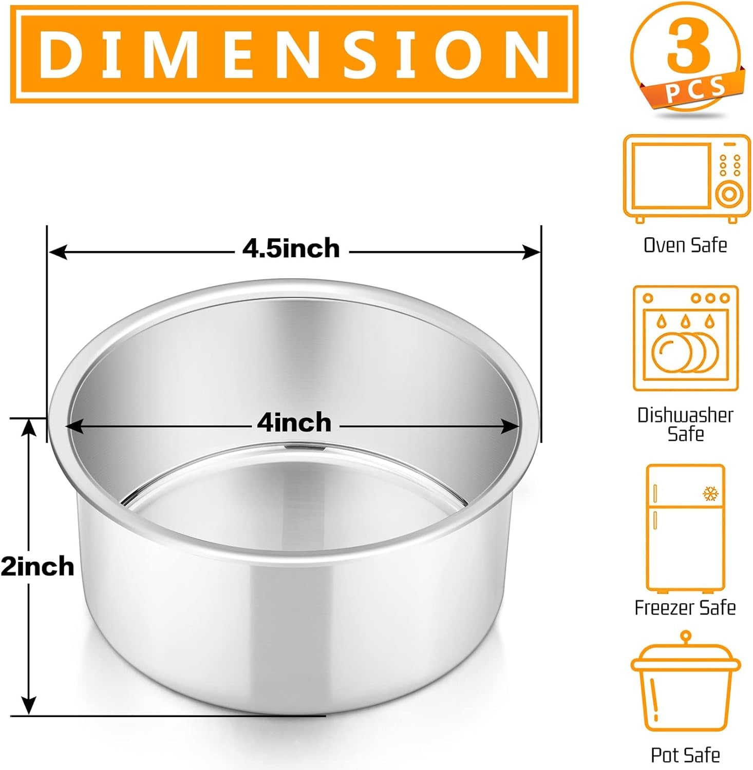 4 Inch round Cake Pan Set of 3, Stainless Steel round Baking Layer Pans Bakeware for Layer Birthday Cake, Fit Oven/Pots/Pressure Cooker, Leakproof & Dishwasher Safe, Silver