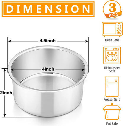 4 Inch round Cake Pan Set of 3, Stainless Steel round Baking Layer Pans Bakeware for Layer Birthday Cake, Fit Oven/Pots/Pressure Cooker, Leakproof & Dishwasher Safe, Silver