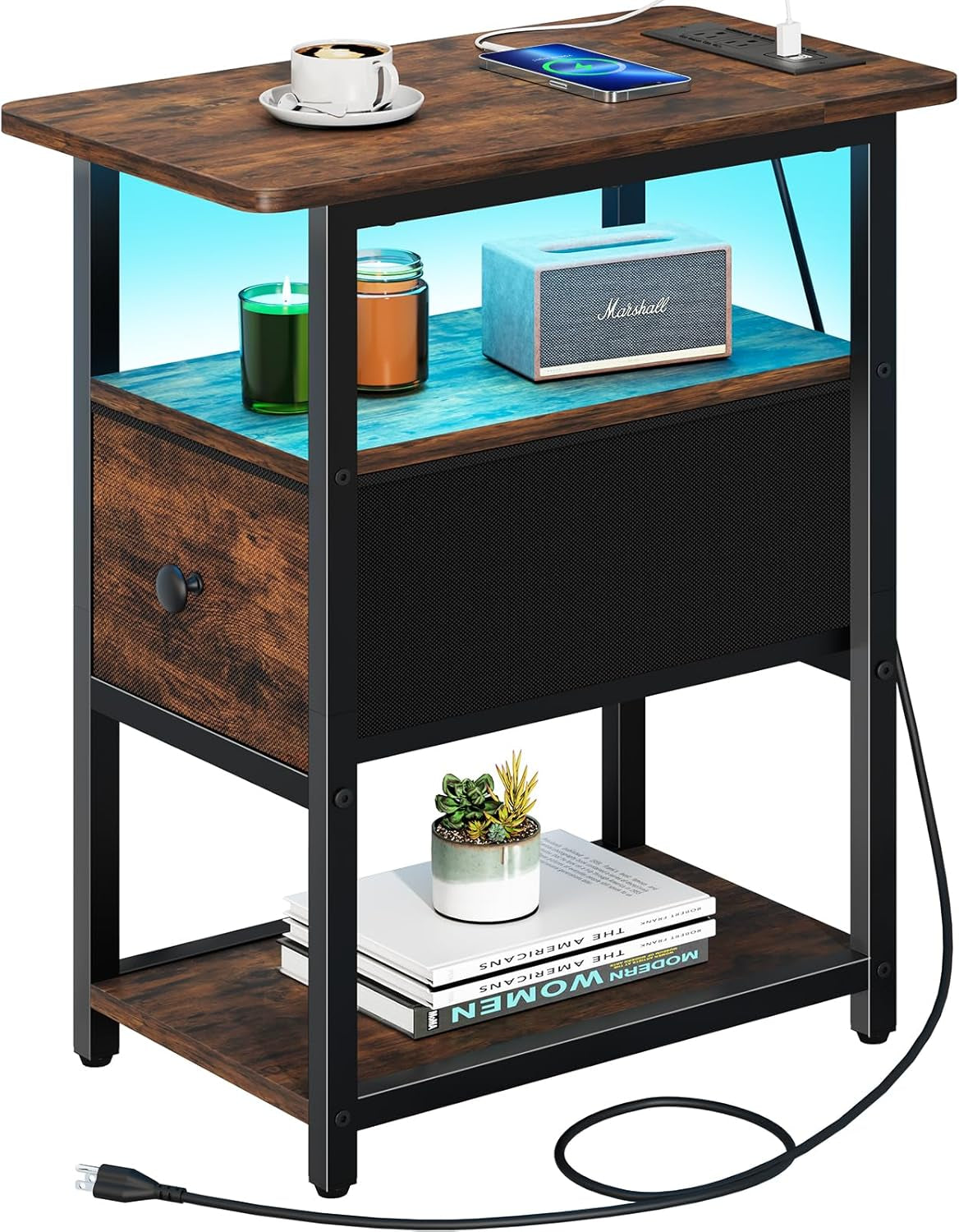 End Table with Charging Station, Narrow Side Table with Adjustable Fabric Drawer, 3-Tier End Tables Living Room, Small Nightstand with Outlets, LED Skinny Night Stand for Bedroom Small Spaces