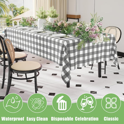 Gingham Disposable Tablecloths - 3 Pack, 54 x 108 Inch Waterproof Plastic Rectangle Covers in Grey and White Checkered Design for Picnics, Birthdays, and Parties