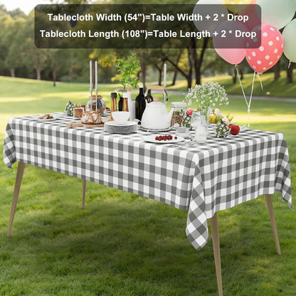 Gingham Disposable Tablecloths - 3 Pack, 54 x 108 Inch Waterproof Plastic Rectangle Covers in Grey and White Checkered Design for Picnics, Birthdays, and Parties