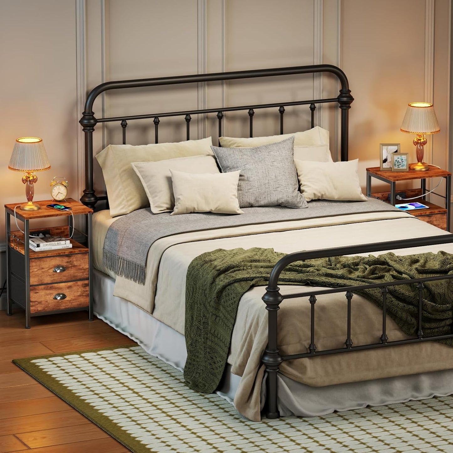 Nightstand Set of 2, Rustic Brown, with Charging Station and USB Ports, Side Tables with 2 Fabric Drawers, Bedside Tables with Storage Shelf & Hooks, for Living Room/Bedroom