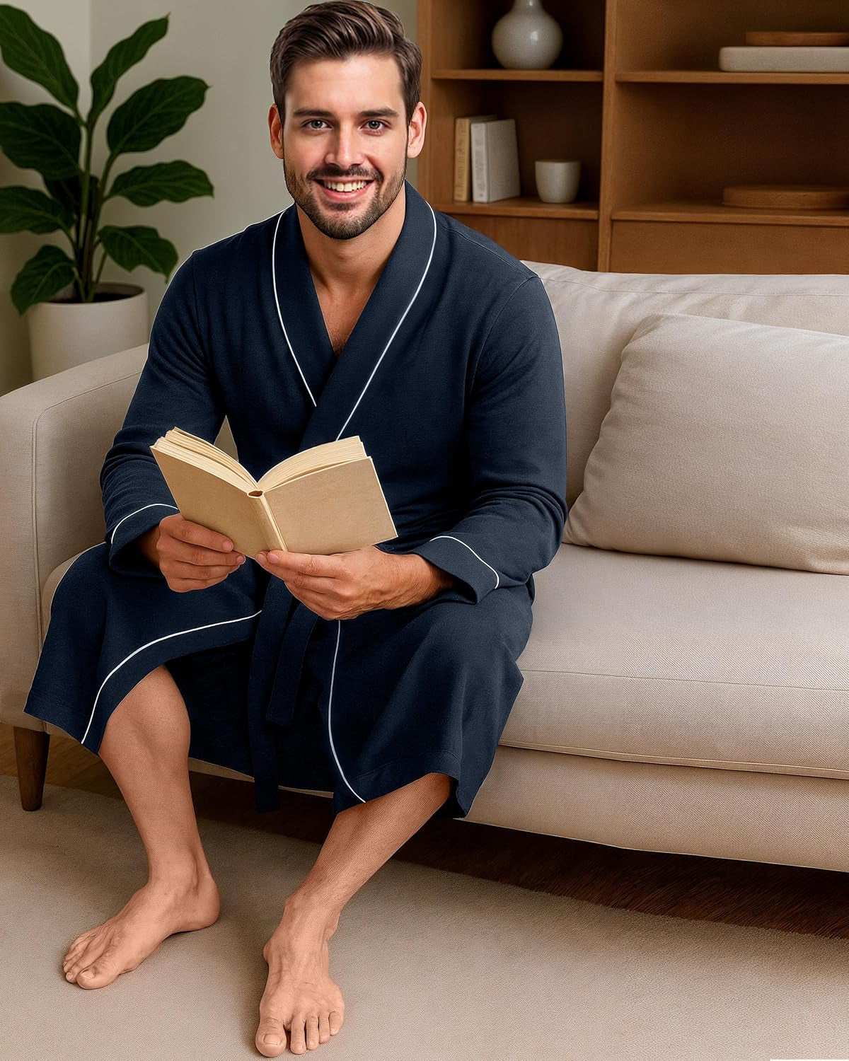 Men'S Robe Cotton Blend Knit Bathrobe