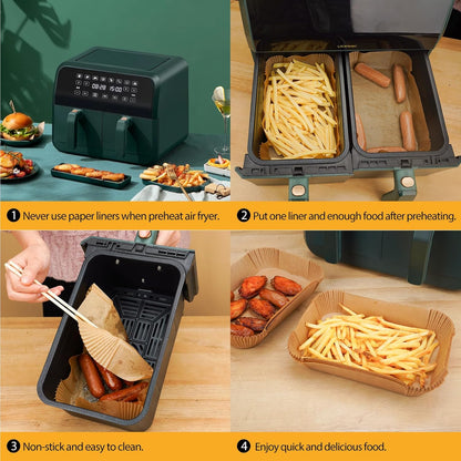 Air Fryer Paper Liners Disposable: 125Pcs 8X5.5" Rectangle Parchment Paper Sheets, Non-Stick Food Grade Baking Liners for Rectangular Air Fryer Dual Basket Oilproof Waterproof