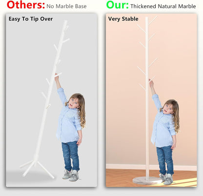 Heavy Duty Coat Rack with Natural Marble Base, Freestanding Metal Coat Stand with 8 Hooks, Modern Stable Coat Hanger Tree for Bags, Jacket, Clothes, and Hats, White Metal