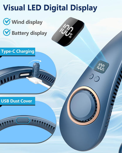 Portable Neck Fan Rechargeable,Personal Fans for Your Neck Battery Operated,Bladeless Folding Neck Fans That Blow Cold Air,Cooling Neck Fan Hands Free,Wearable Necklace Fan for Women Men Kids Blue