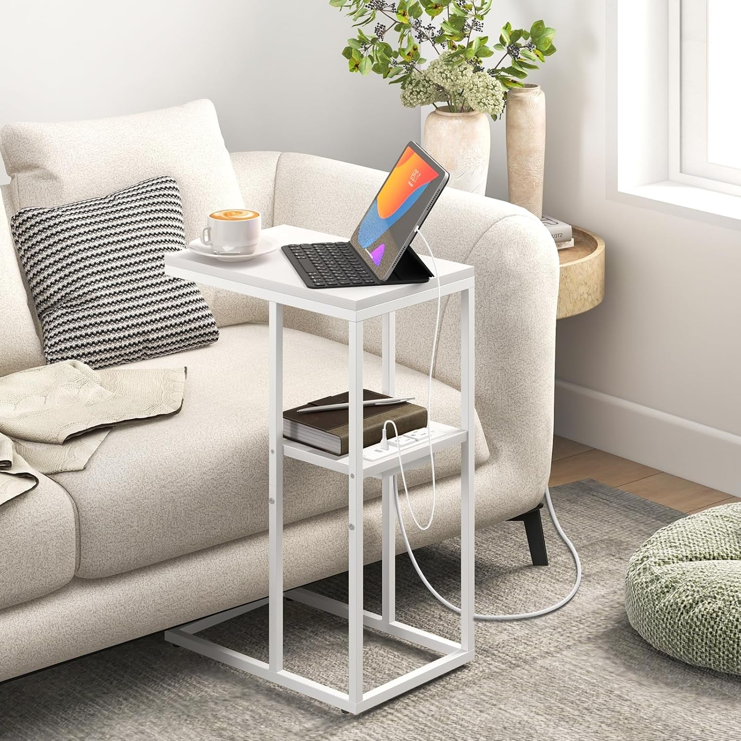 C Shaped End Table with Charging Station, Small Side Tables for Living Room Bedroom, Sofa Table with USB Ports and Outlets for Small Spaces, Rustic Bed Side Table