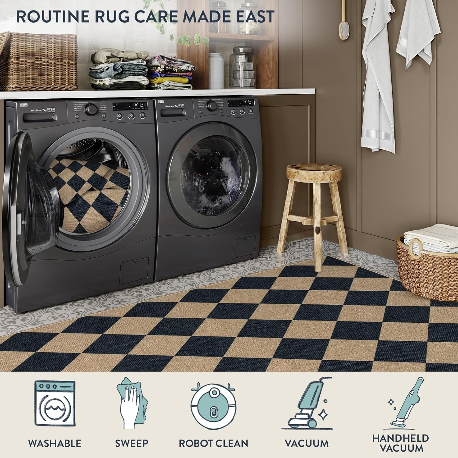 Checkered Easy Jute 3X5 Outdoor Patio Rug, Washable Rugs for Entryway Diamond Indoor Outdoor Living Room Carpet, Farmhouse Neutral Non Slip Black Door Carpet for Backyard Bedroom