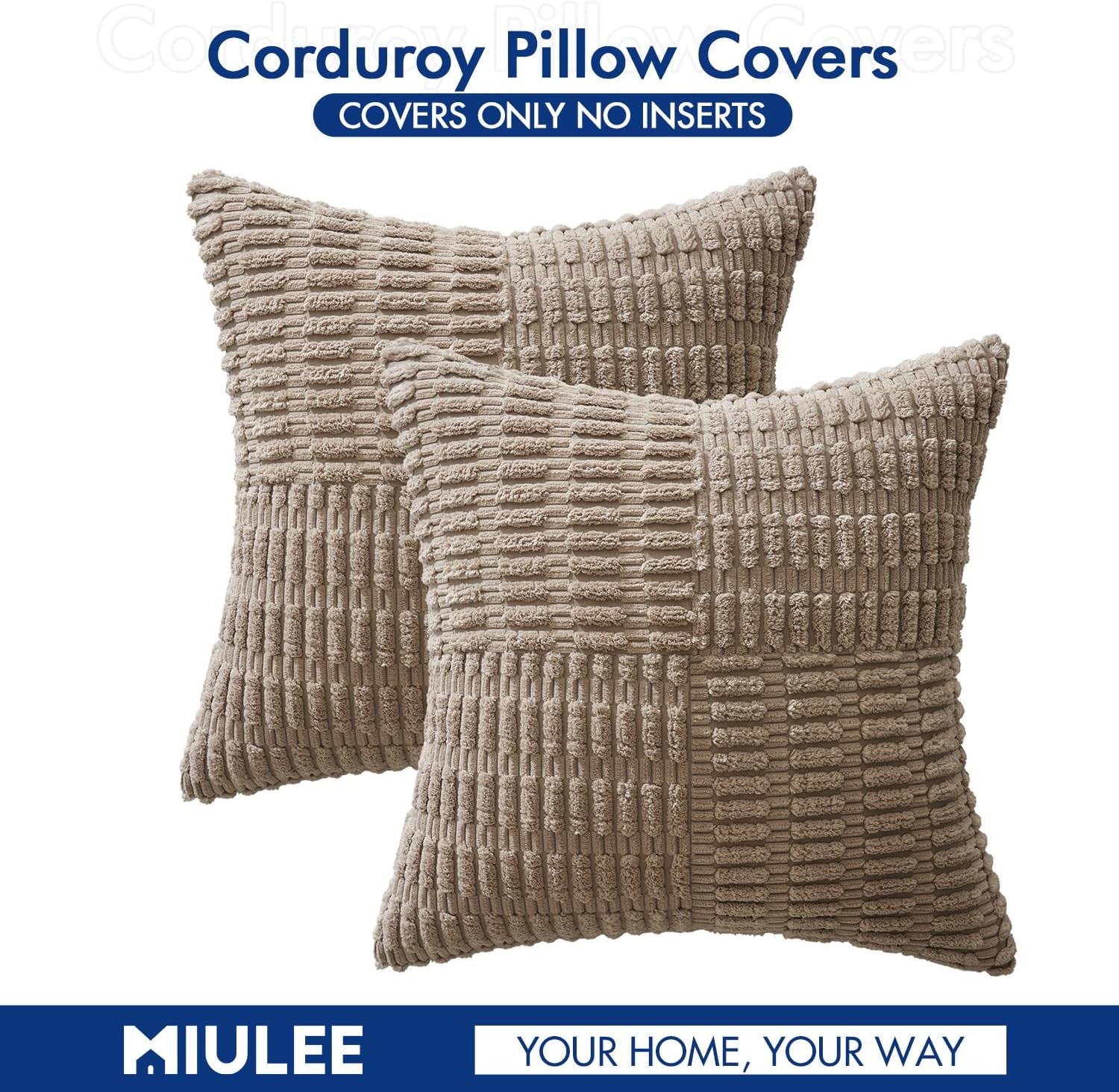 Set of 2 Light Brown Decorative Pillow Covers 18X18 Inch Textured Striped Patchwork Accents Farmhouse Boho Soft Corduroy Couch Pillows for Sofa Living Room Bed Home Decor