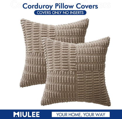 Set of 2 Light Brown Decorative Pillow Covers 18X18 Inch Textured Striped Patchwork Accents Farmhouse Boho Soft Corduroy Couch Pillows for Sofa Living Room Bed Home Decor
