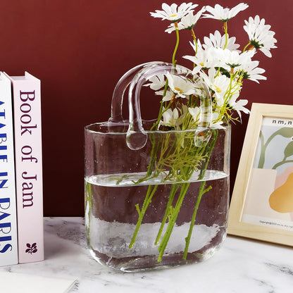 1Pcs Clear Glass Bag Vase for Flowers - Handmade Glass Purse Vase, Ideal for Centerpieces - Stylish and Functional Clear Glass Vase (Clear, 1Pcsclear)