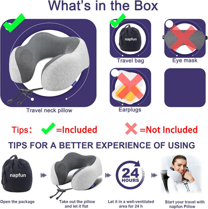 Neck Pillow for Traveling, Upgraded Travel Neck Pillow for Airplane 100% Pure Memory Foam Travel Pillow for Flight Headrest Sleep, Portable Plane Accessories, Light Grey