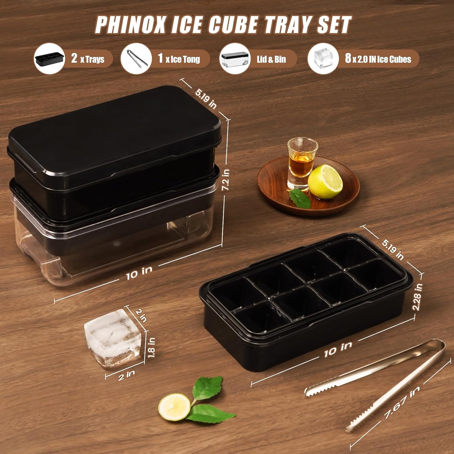 Large Ice Cube Tray with Lid and Bin, Ice Trays for Freezer, 2 INCH Whiskey Ice Cubes Mold, 2*8 Pcs Square Ice Cube Mold with Tong, Easy to Release, Large Ice Tray for Whiskey Cocktail Bourbon