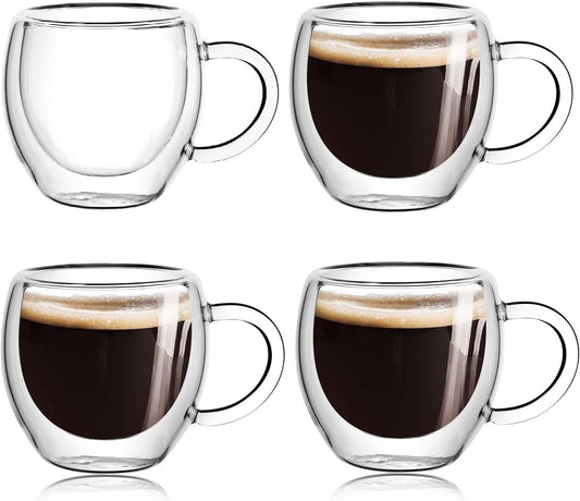Espresso Cups Set of 4 with Handle, 2.5Oz Expresso Coffee Cup, Small Expresso Shot Glasses, Clear Double Wall Insulated Espresso Mugs,Tazas De Cafe Expreso, Suit for Espresso Machine Accessories