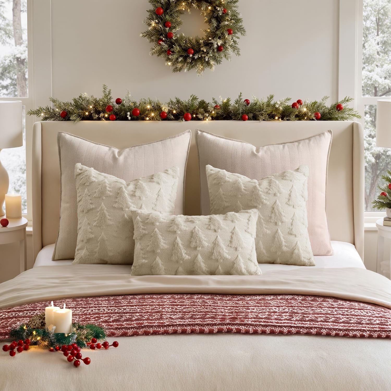 Christmas Throw Pillow Covers Beige Christmas Decorations Set of 2 Xmas Tree 18X18 Pillow Covers Soft Plush Faux Wool Pillowcases Holiday Festivals Winter Home Decor Sofa Couch Bed Porch