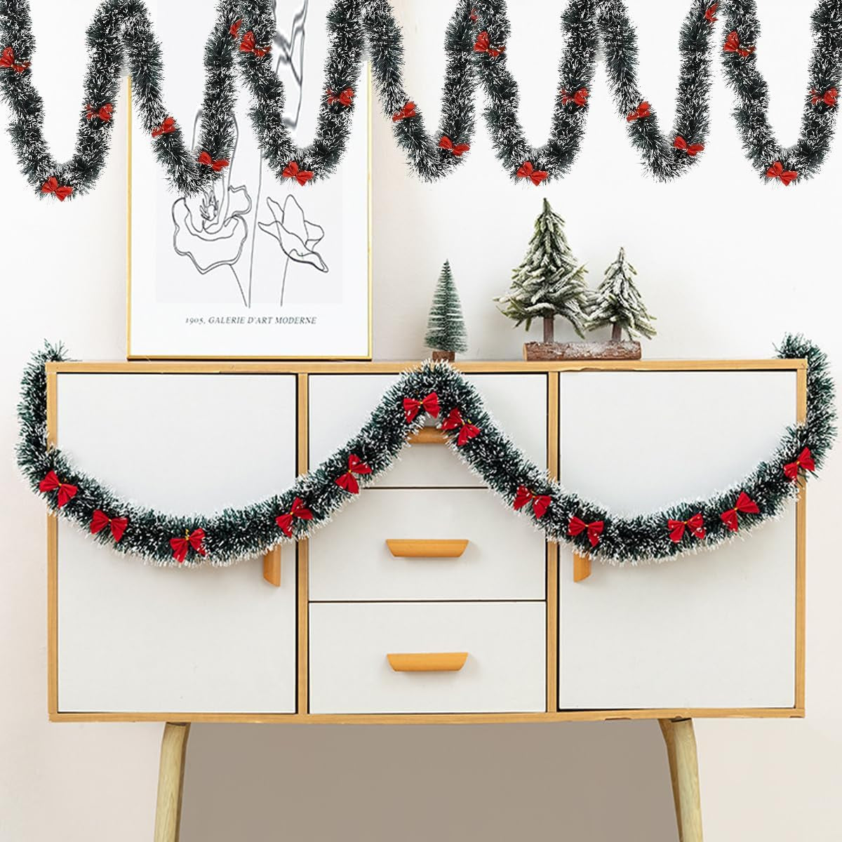 5M Christmas Tinsel Garland Christmas Tree Decorations Silver Foil Tinsel Garland Metallic Hanging Garland for New Year Party Holiday (Green W/Red Bow-16Ft (No Lights))