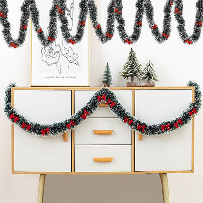 5M Christmas Tinsel Garland Christmas Tree Decorations Silver Foil Tinsel Garland Metallic Hanging Garland for New Year Party Holiday (Green W/Red Bow-16Ft (No Lights))