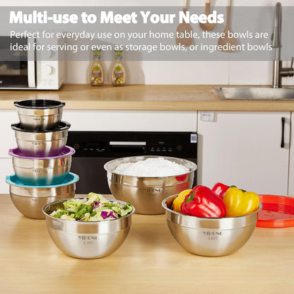 7 Piece Metal Mixing Bowls with Lids for Kitchen, Stainless Steel Set Ideal for Baking, Prepping, Cooking and Serving Food, Nesting Design for Space Saving Storage