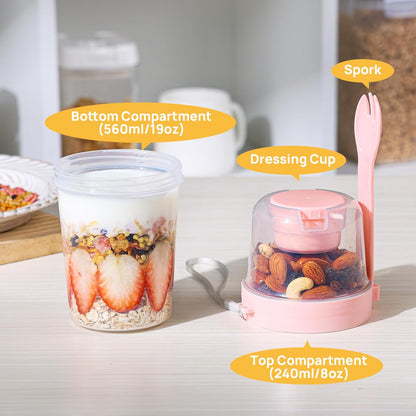 4 Pack 27Oz Yogurt Parfait Cups with Lids and Spoons, Overnight Oats Containers, Reusable Topping Compartment for Breakfast with Yogurt, Cereal or Oatmeal On-The-Go