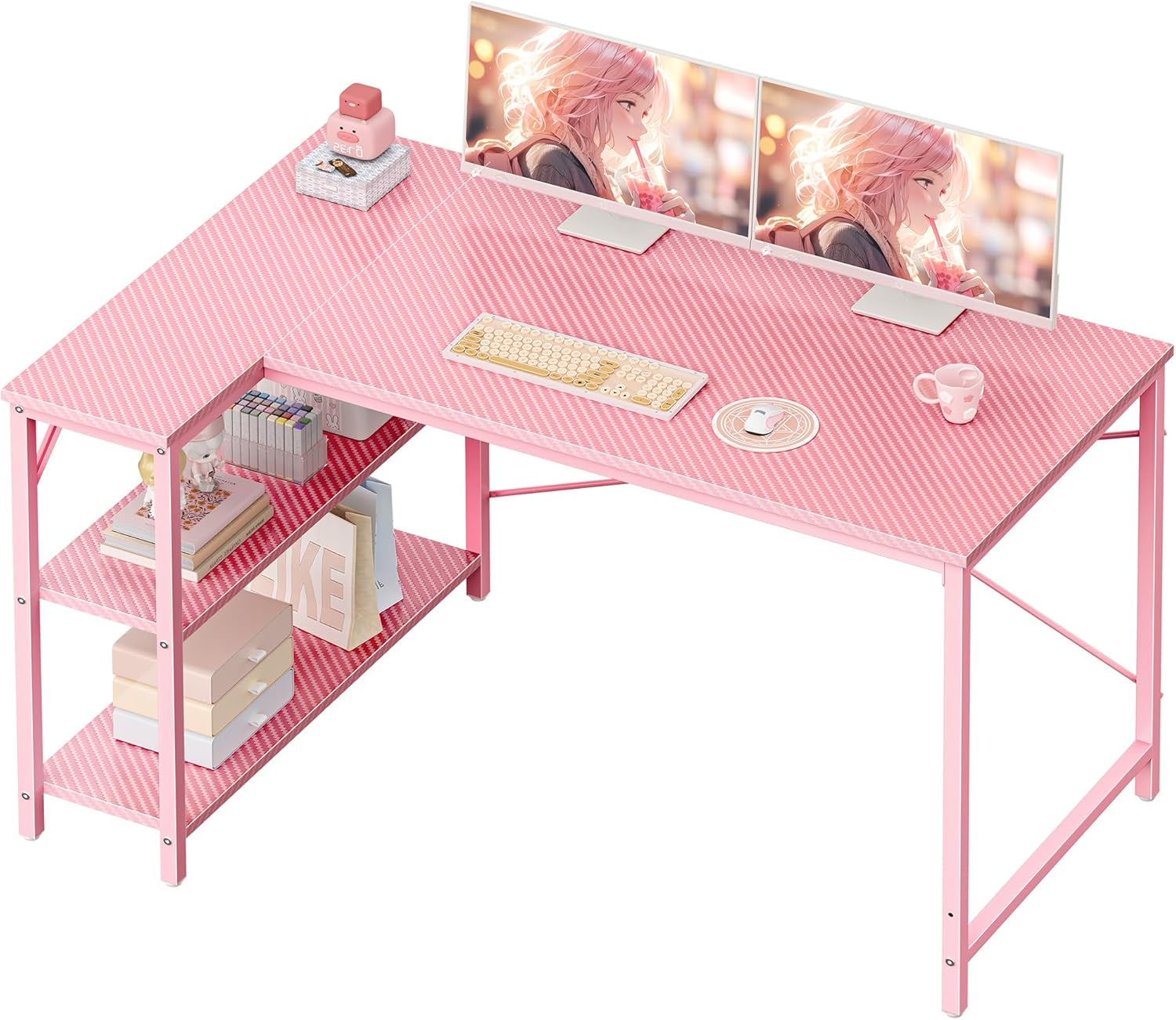 L-Shaped 47-Inch Computer Desk with Reversible Storage Shelves, Corner Gaming and Writing Desk for Home Office, Metal Frame, Pink
