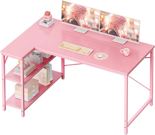 L-Shaped 47-Inch Computer Desk with Reversible Storage Shelves, Corner Gaming and Writing Desk for Home Office, Metal Frame, Pink