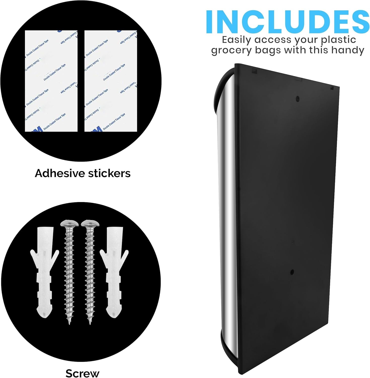 Grocery Plastic Bag Holder and Dispenser Medium, Easy Wall Mount Bag Saver, Stainless Steel, Silver