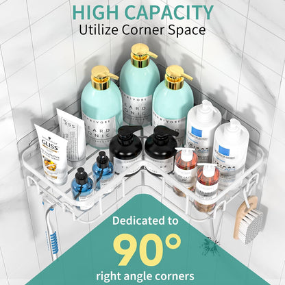 Corner Adhesive Shower Caddy, with Soap Holder and 12 Hooks, Rustproof Stainless Steel Bathroom Organizer, No Drilling Wall Mounted Rack, Black, 3-Pack(White)