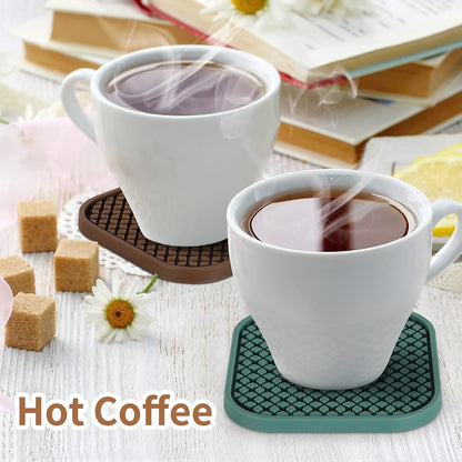 Silicone Coasters with Holder [6 Pack] Square Drink Cup Mat - Non-Slip, Non-Stick, Stay Put, Deep Tray - Prevents Furniture and Tabletop Damages Black