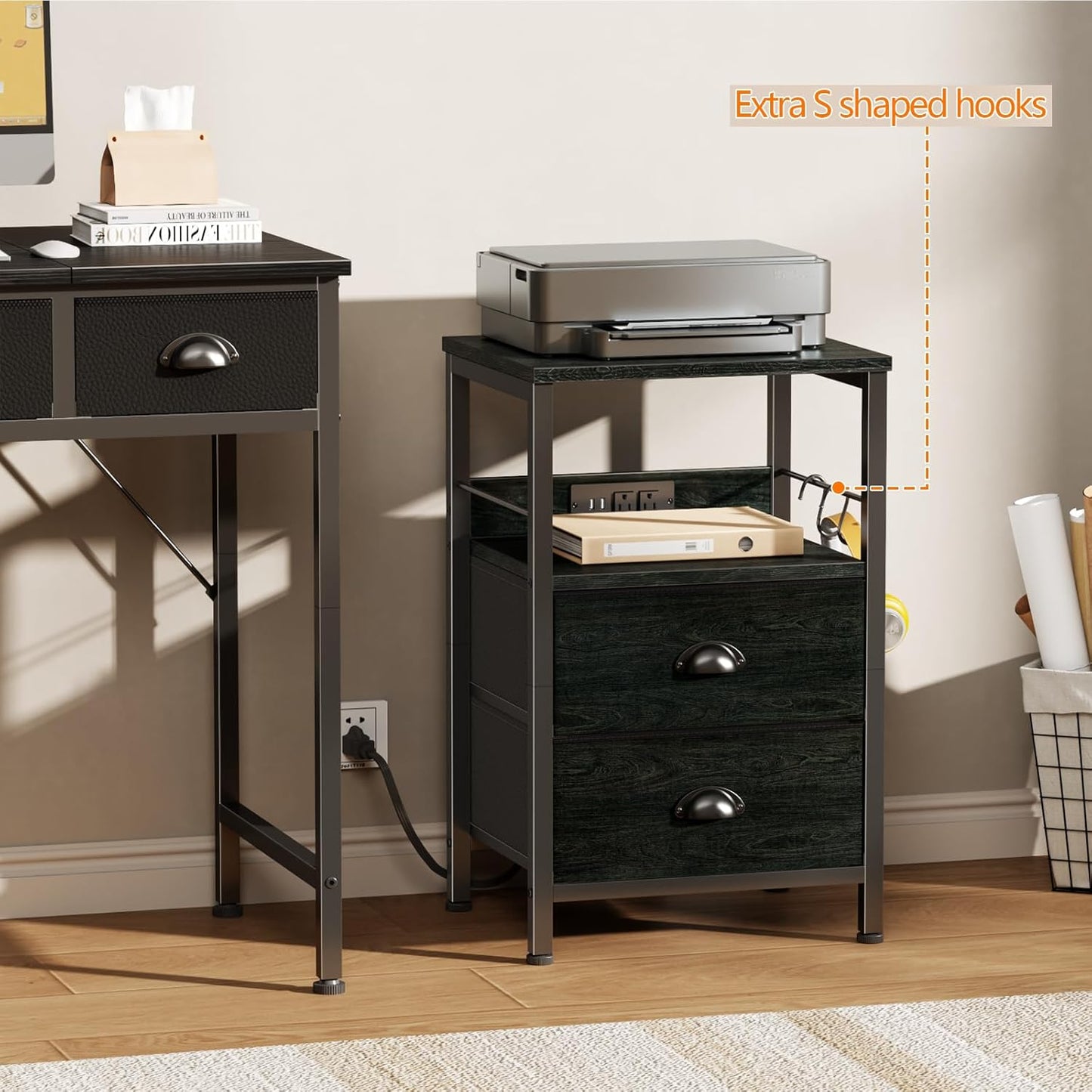Nightstand Set of 2, Black Oak, with Charging Station and USB Ports, Side Tables with 2 Fabric Drawers, Bedside Tables with Storage Shelf & Hooks, for Living Room/Bedroom