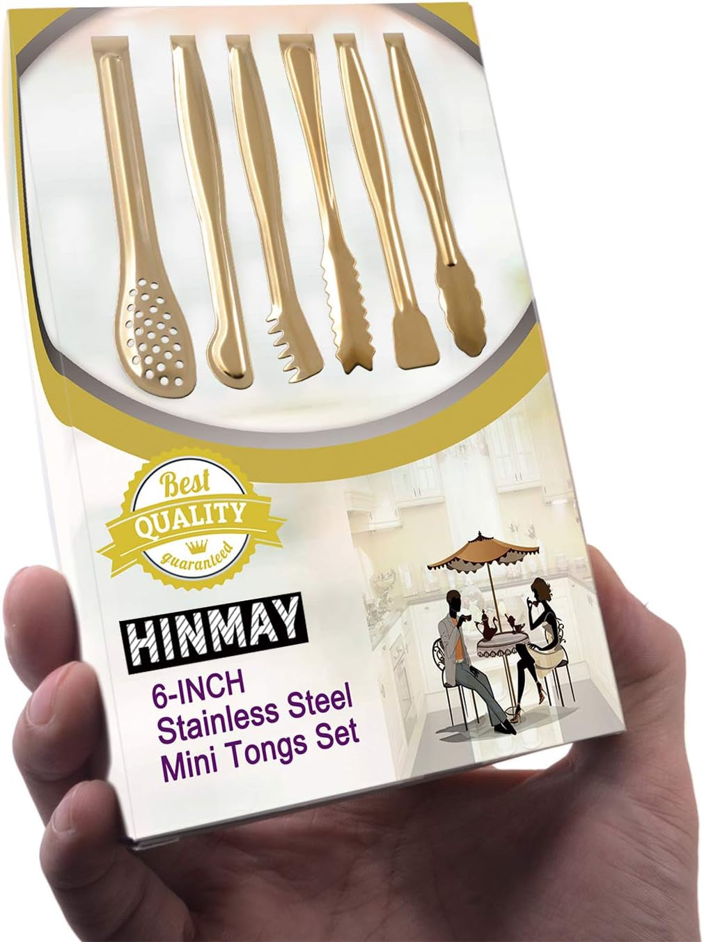 Gold Plated Mini Serving Tongs Set 6-Inch Appetizers Tongs Stainless Steel Small Sugar Cube Tongs Ice Tongs, Set of 6