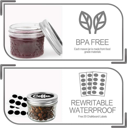4 OZ Mason Canning Jars with Regular Lids and Bands - 16 Pack with Extra 16 Lids - Perfect for Jam, Honey, Wedding/Party Favors, and DIY Spice Storage