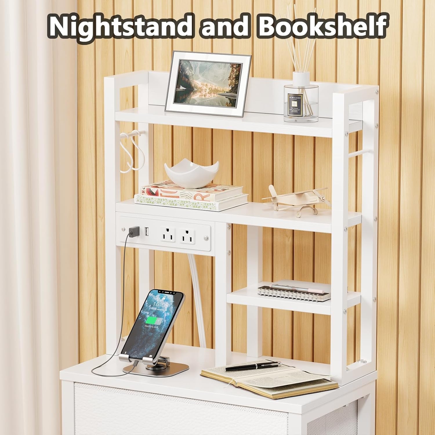 Tall LED Nightstand with Charging Station, USB Ports, 4 PVC Fabric Drawers, and 4-Tier Storage Shelf - Versatile Bedside Table for Bedroom, Dorm, or Office (White)