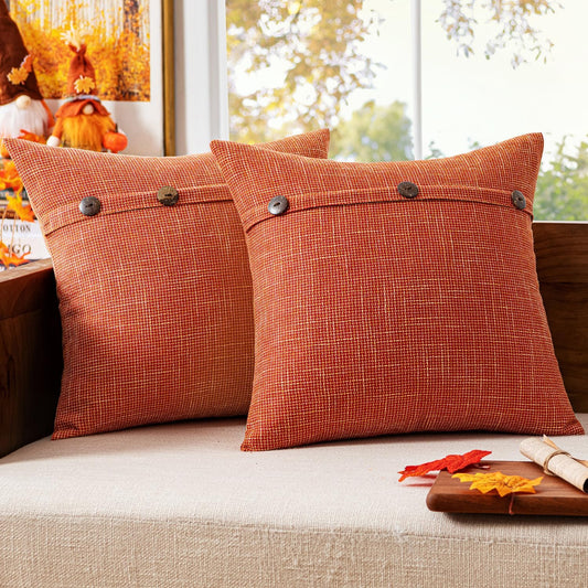 Set of 2 Decorative Linen Throw Pillow Covers Cushion Case Fall Triple Button Vintage Farmhouse Pillowcase for Couch Sofa Bed Living Room 18 X 18 Inch Orange