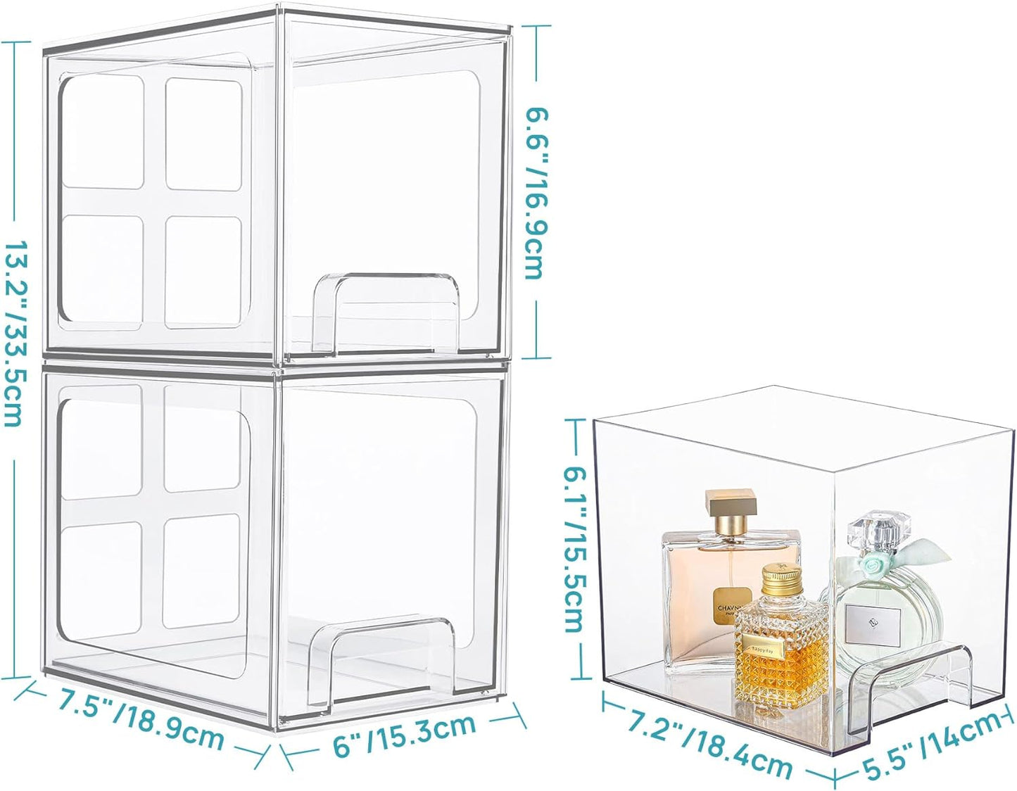 2 Pack Stackable Storage Drawers, 6.6''Tall Acrylic Bathroom Makeup Organizers,Clear Plastic Storage Bins for Vanity, Undersink, Kitchen Cabinet,Pantry Organization and Storage