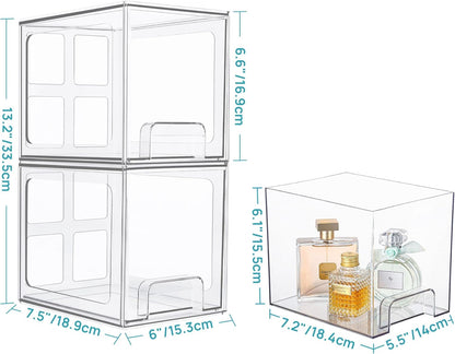 2 Pack Stackable Storage Drawers, 6.6''Tall Acrylic Bathroom Makeup Organizers,Clear Plastic Storage Bins for Vanity, Undersink, Kitchen Cabinet,Pantry Organization and Storage