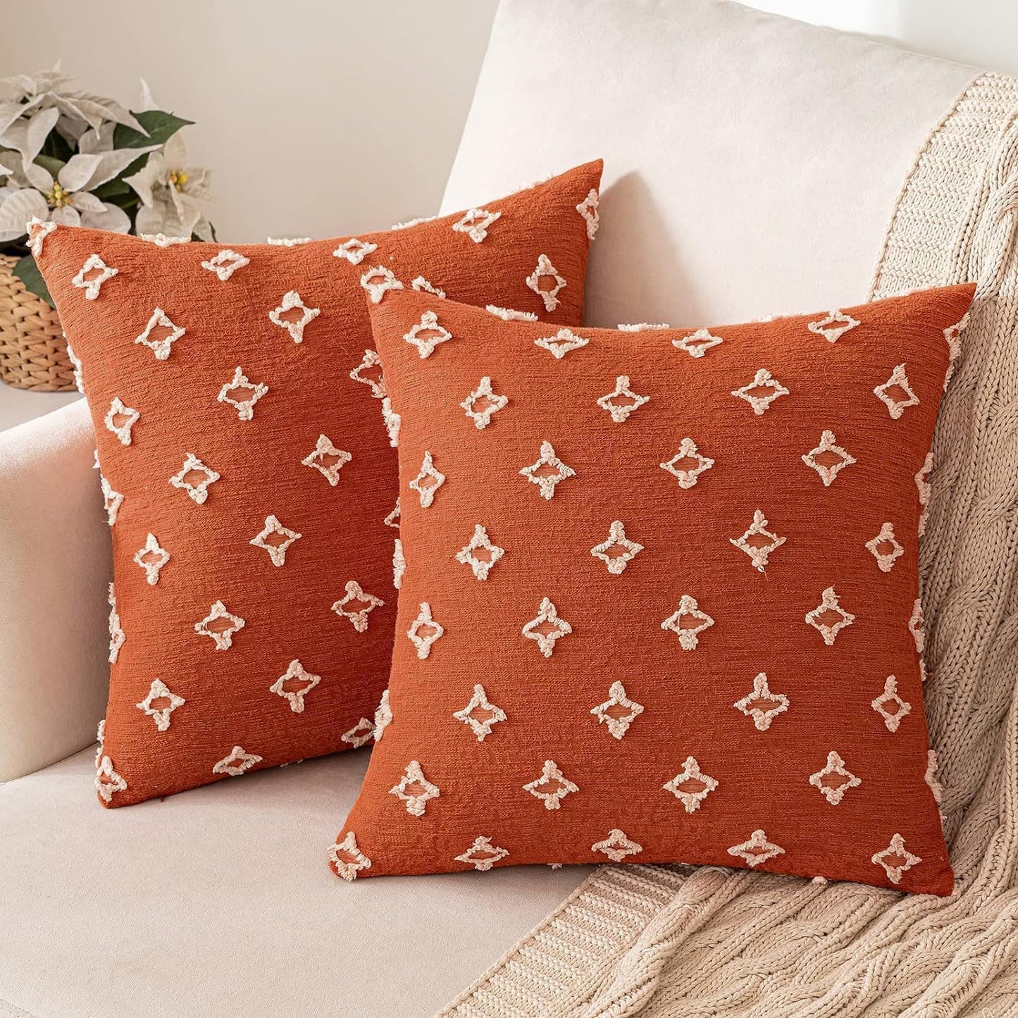 Set of 2 Decorative Throw Pillow Covers Rhombic Jacquard Pillowcase Fall Soft Square Cushion Case for Couch Sofa Bed Bedroom Living Room, 18X18 Inch, Burnt Orange
