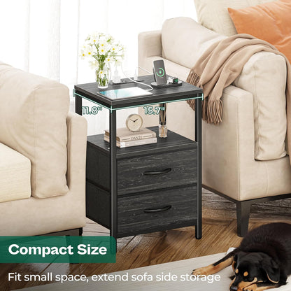 Elegant Nightstand with Integrated Charging Station, Fabric Storage Drawers, Open Shelf Design, USB Ports and Outlets, Charcoal Black Wood Grain Finish
