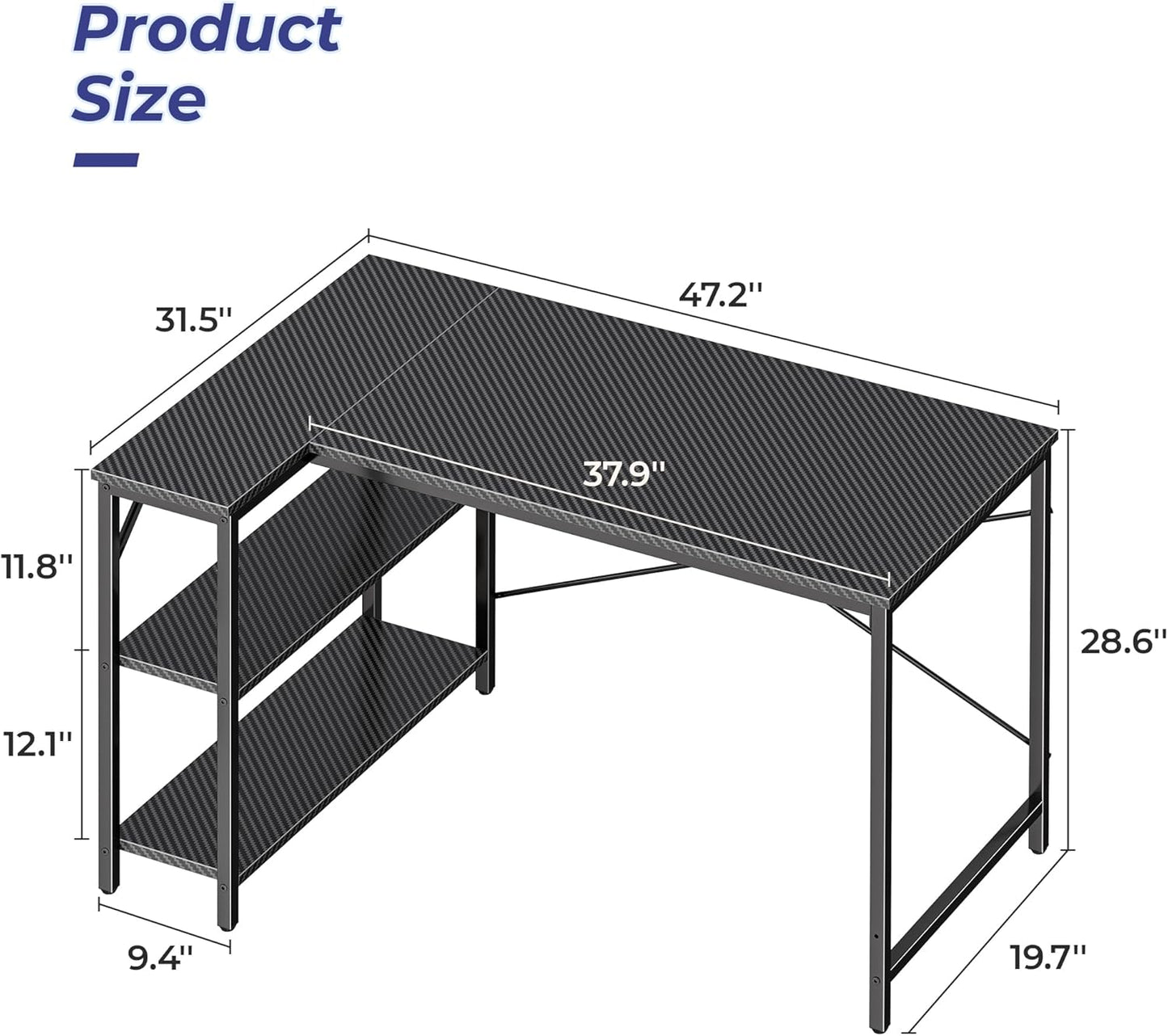 L-Shaped 47-Inch Gaming and Home Office Desk with Reversible Storage Shelves and Metal Frame in Carbon Fiber Black