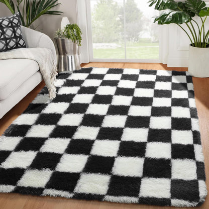 Black and White Checkered Fluffy Area Rug, 4x6 Soft Shag Carpet for Bedroom and Living Room, Plush Indoor Floor Decor for Kids and Teens
