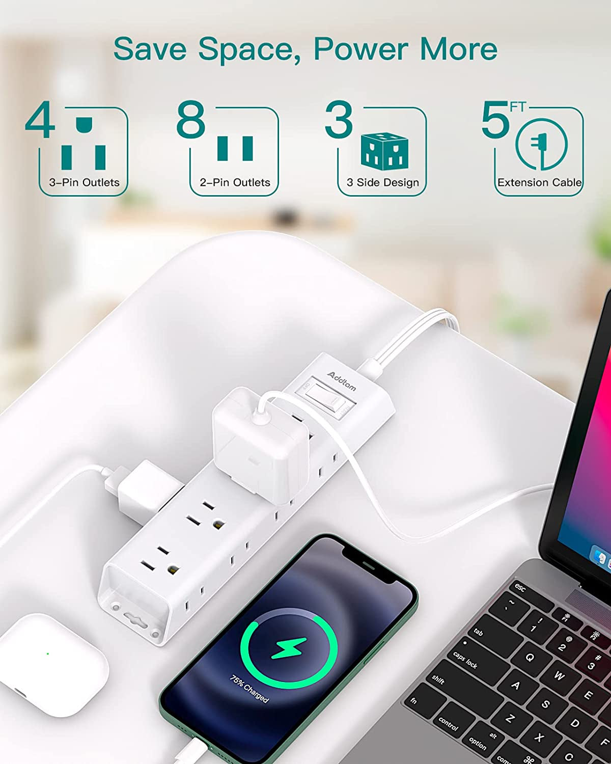 Flat Plug Power Strip, Ultra Thin Flat Extension Cord -  12 Widely AC 3 Sides Multiple Outlets, 5Ft, 1050J Surge Protector, Wall Mount, Desk Charging Station for Home Office Dorm Room Essentials