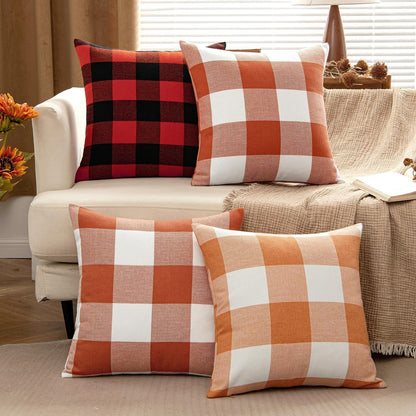 Fall Throw Pillow Covers Pack of 2 Decorative Classic Farmhouse Buffalo Check Plaids Polyester Linen Soft Cushion Case for Couch Sofa Bedroom Outdoor 18 X 18 Inch, Burnt Orange
