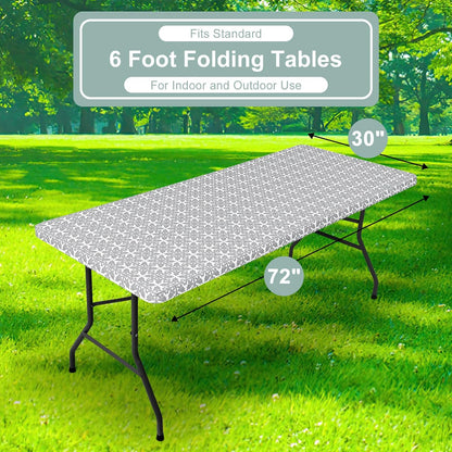 2 Pack 6 Foot Rectangle Picnic Tablecloth, Elastic Fitted Waterproof Table Cover, Windproof Washable Polyester Table Cloth for Camping, Indoor and Outdoor (Grey, 30" X 72")