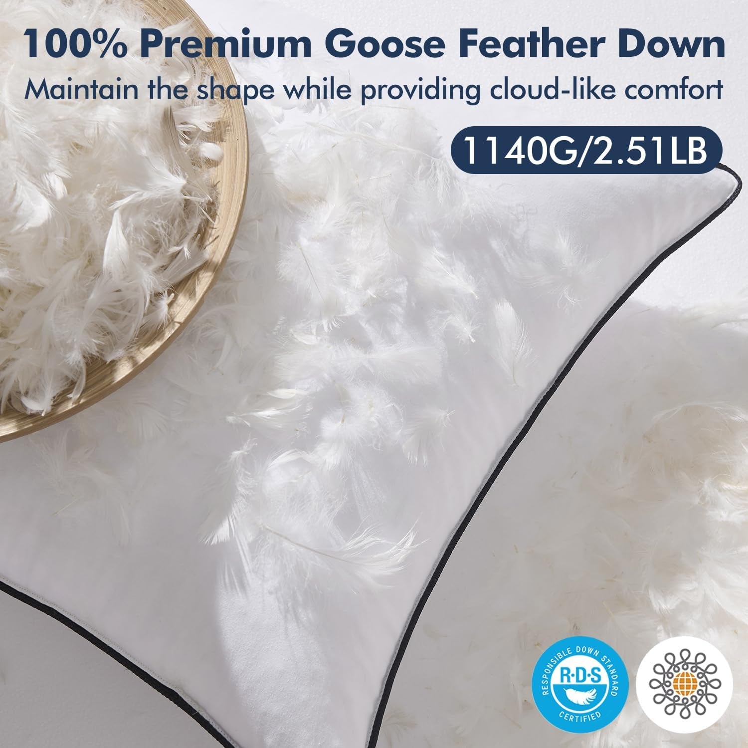 Goose Feather Down Pillow Insert Set of 2, 20x20 Inches, 100% Down-Proof Cotton Cover, Soft and Fluffy Decorative Pillows for Sofa, Bed, and Living Room, White
