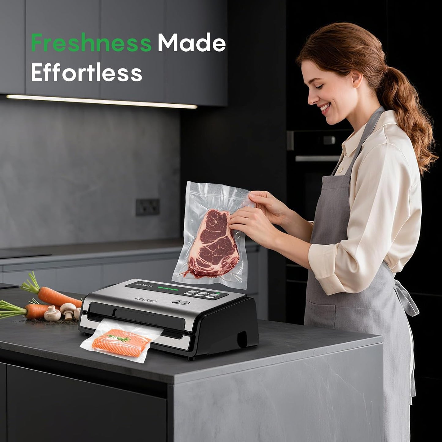 Food Vacuum Sealer with Automatic Bag Detection, Double Heat Seal, Built-In Bag Roll Storage & Cutter, 2 Rolls Bags, Starter Kit