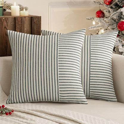 Dark Green Patchwork Farmhouse Pillow Covers 18X18 Inch, Pack of 2 Striped Linen Decorative Modern Accent Pillow Cases for Sofa Couch Bedroom