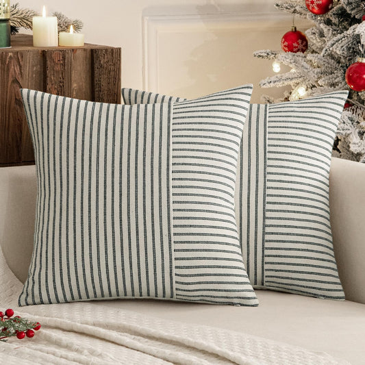 Dark Green Patchwork Farmhouse Pillow Covers 18X18 Inch, Pack of 2 Striped Linen Decorative Modern Accent Pillow Cases for Sofa Couch Bedroom