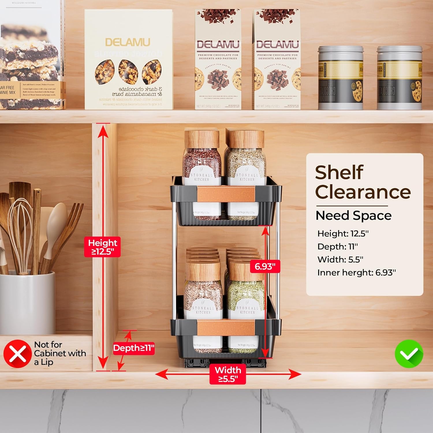 2 Pack Pull Out Spice Rack Organizer for Cabinet, 2 Tier Slide Out Spice Organization, Vertical Spice Organizer, Cabinet Size Need:12.5'' High X 11'' Deep X 5.5'' Wide(Not for Cabinet with Lip)