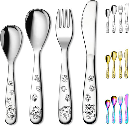 Stainless Steel Toddler Utensils Set - 4-Piece Kids Silverware with Safe Forks and Spoons, Mirror Polished Cutlery, Dishwasher Safe