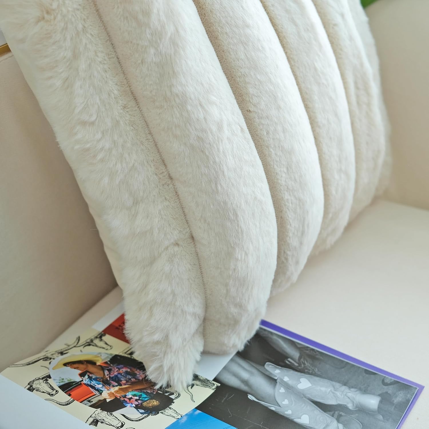 Pack of 2 Faux Fur Plush Decorative Throw Pillow Covers Couch Cushion Case Soft Fluffy Pillowcases Wide Stripe (Beige, 18 X 18 Inch)