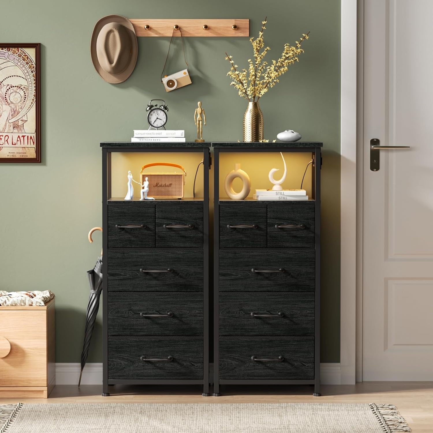 Elegant Black Oak Dresser and Nightstand with Charging Station, LED Lighting, and Fabric Bins - 5-Drawer Vertical Chest and Bedside Table for Bedroom and Entryway